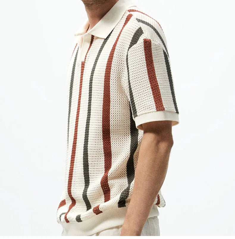 Chunky Knit Short-Sleeve Polo Shirt With Stripes And Contrast Colors, Casual Wear