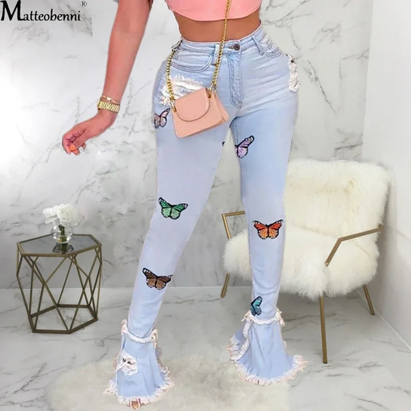 Butterfly Embroidery Denim Flare Pants Women High Waist Skinny Jeans Wide Leg Casual Bell Bottom Jeans Light blue / S Light blue / XXL Light blue / XL Light blue / S-Light blue / XXL-Light blue / XL-Light blue / L-Light blue / M-Light blue / XXXL-