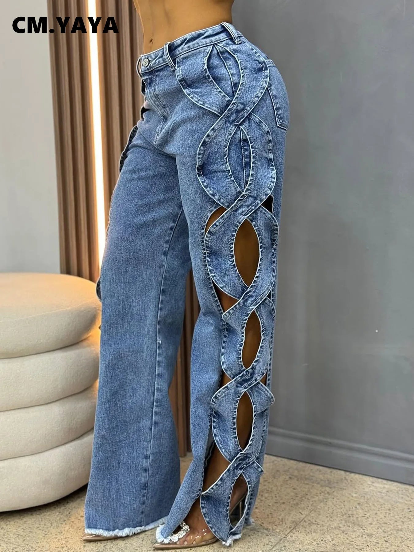Women Streetwear Cutout Hollow Out Criss Cross Side Wide Leg Blue Denim Pants