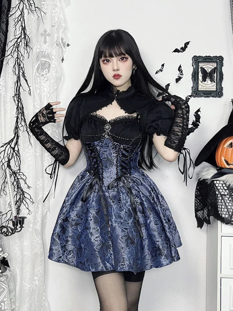 Vintage Gothic Smock Women Elegant Cute Lace Patchwork Puff Sleeve Crop Tops Aesthetic Fairy