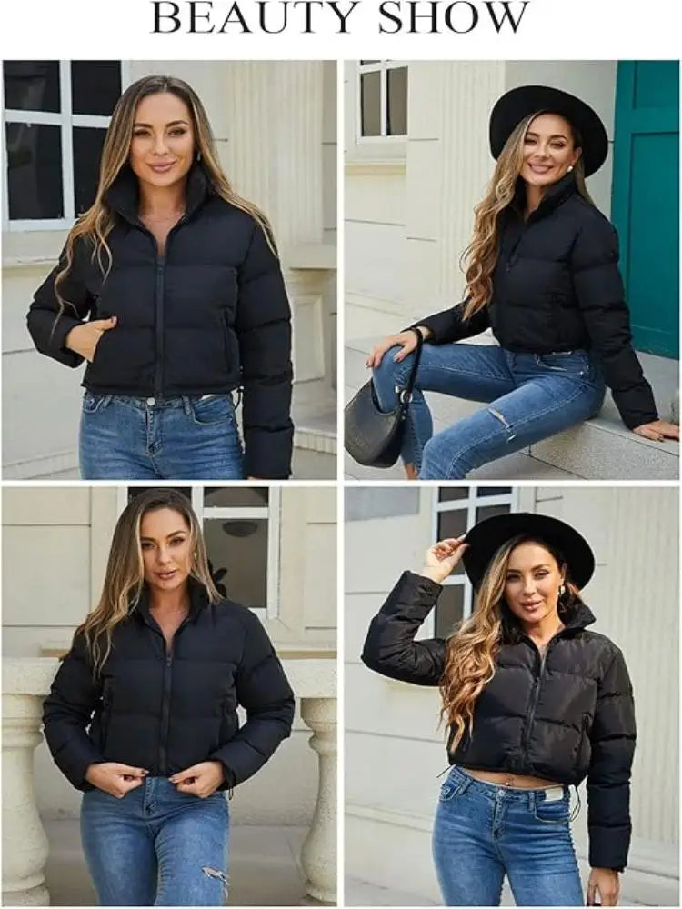 Women's Winter Cropped Puffer Jacket Long Sleeve Full Zip Lightweight Warm Quilted Down Coats