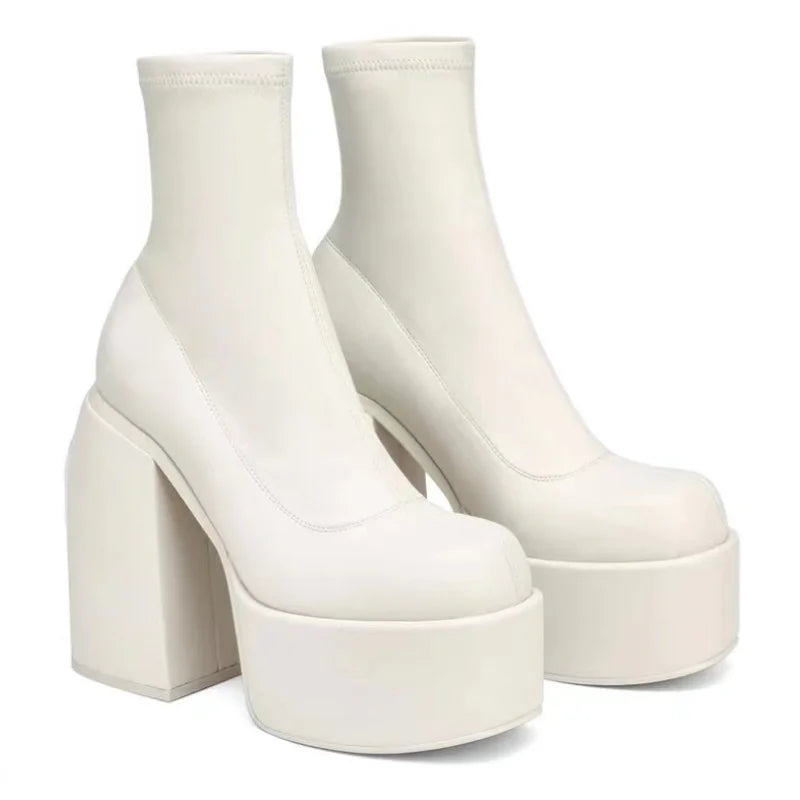 Short Boots Women Leather Boot Square toe casual Zipper high heels Casual thick soled
