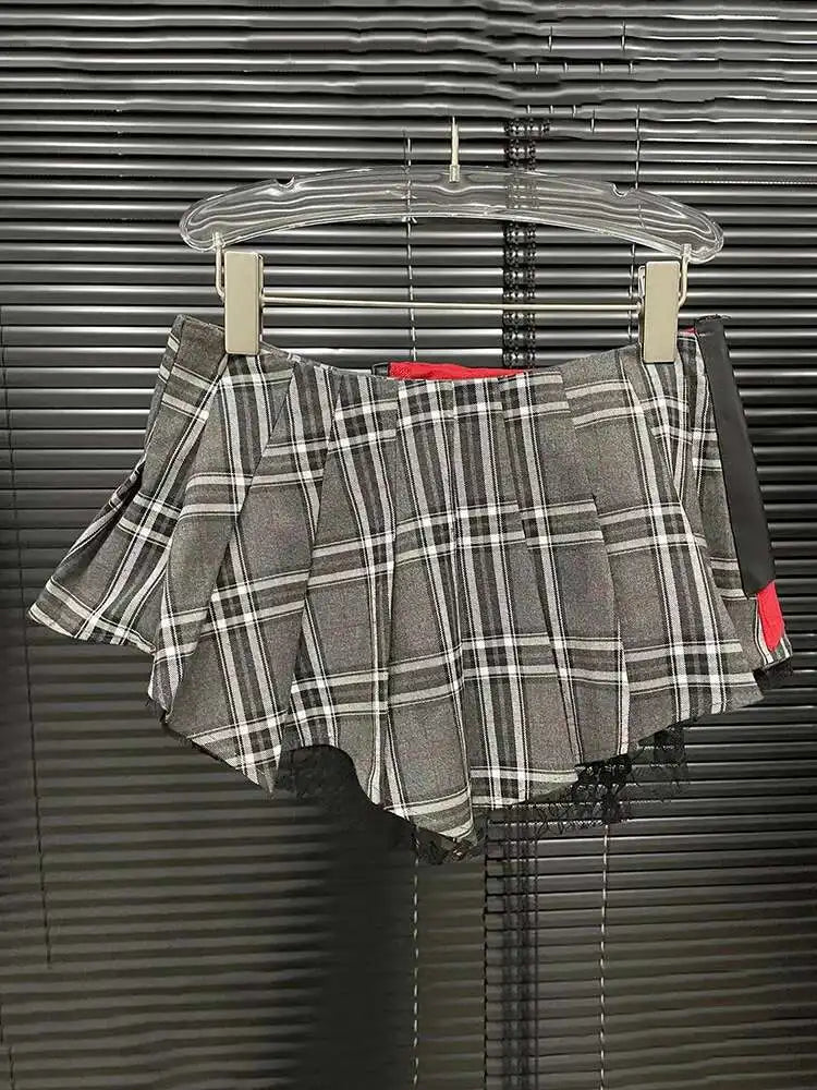 Women's Patchwork Plaid Design Pleated Mini Skirt High Waist A-line Skirt