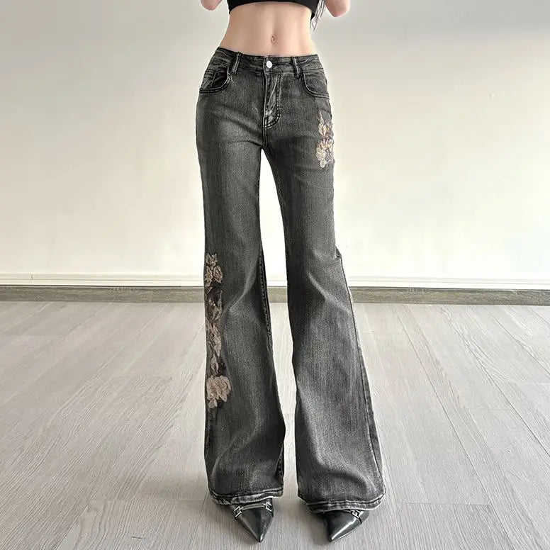 Beaded Embroidered Micro Slim Flare Jeans Street Y2k