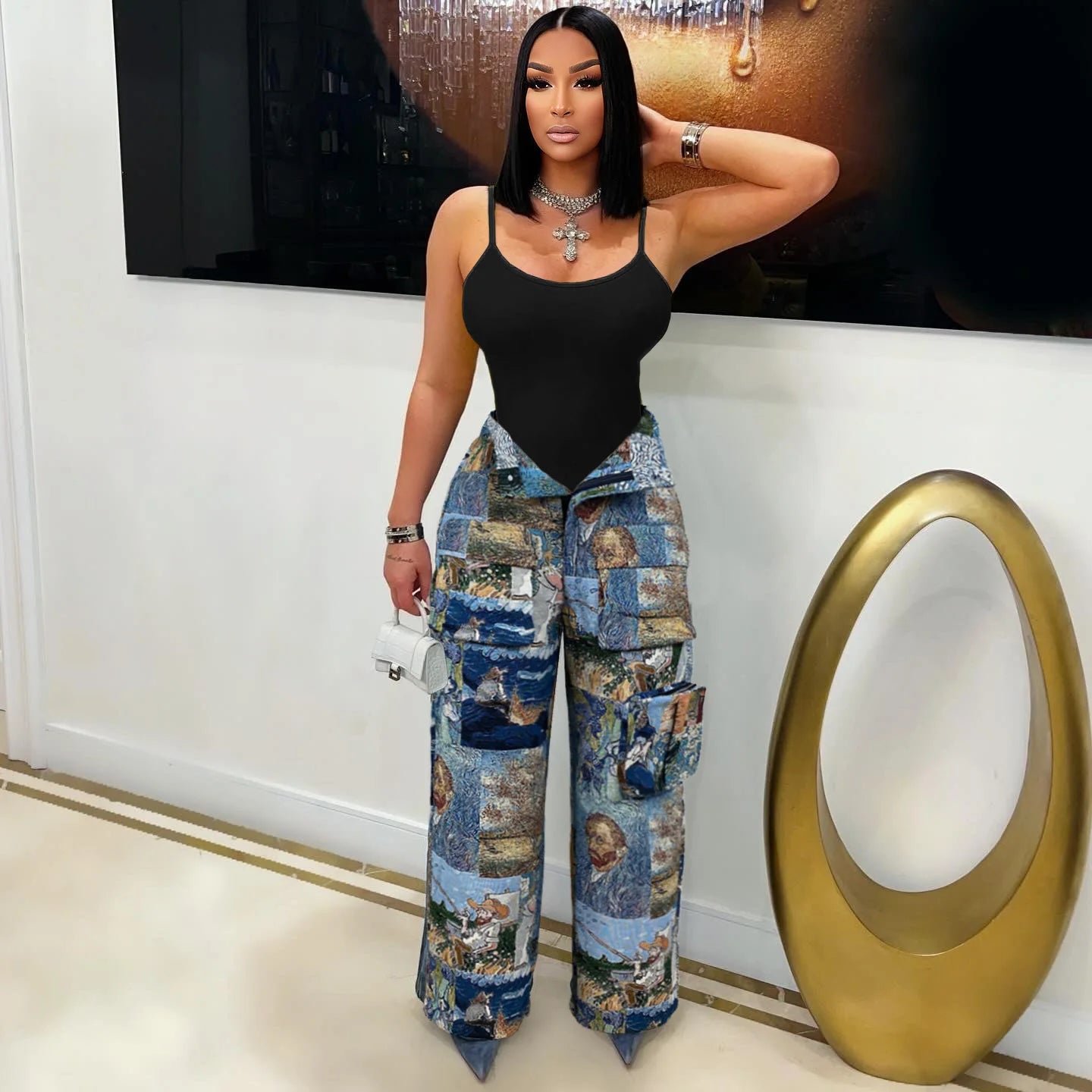 3D Print Wide Leg Cargo Active Hip Hop Straight Sweatpants Trousers