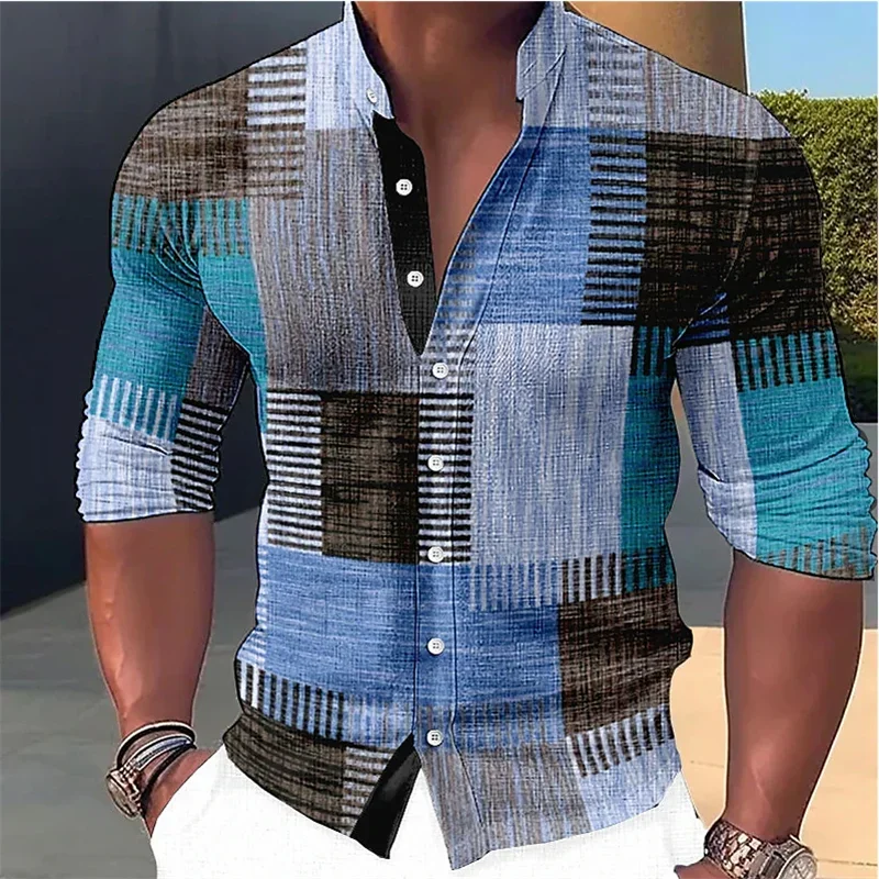 Men's Retro Stitching Shirt Gradient Stand Collar Outdoor Street Long Sleeve Casual