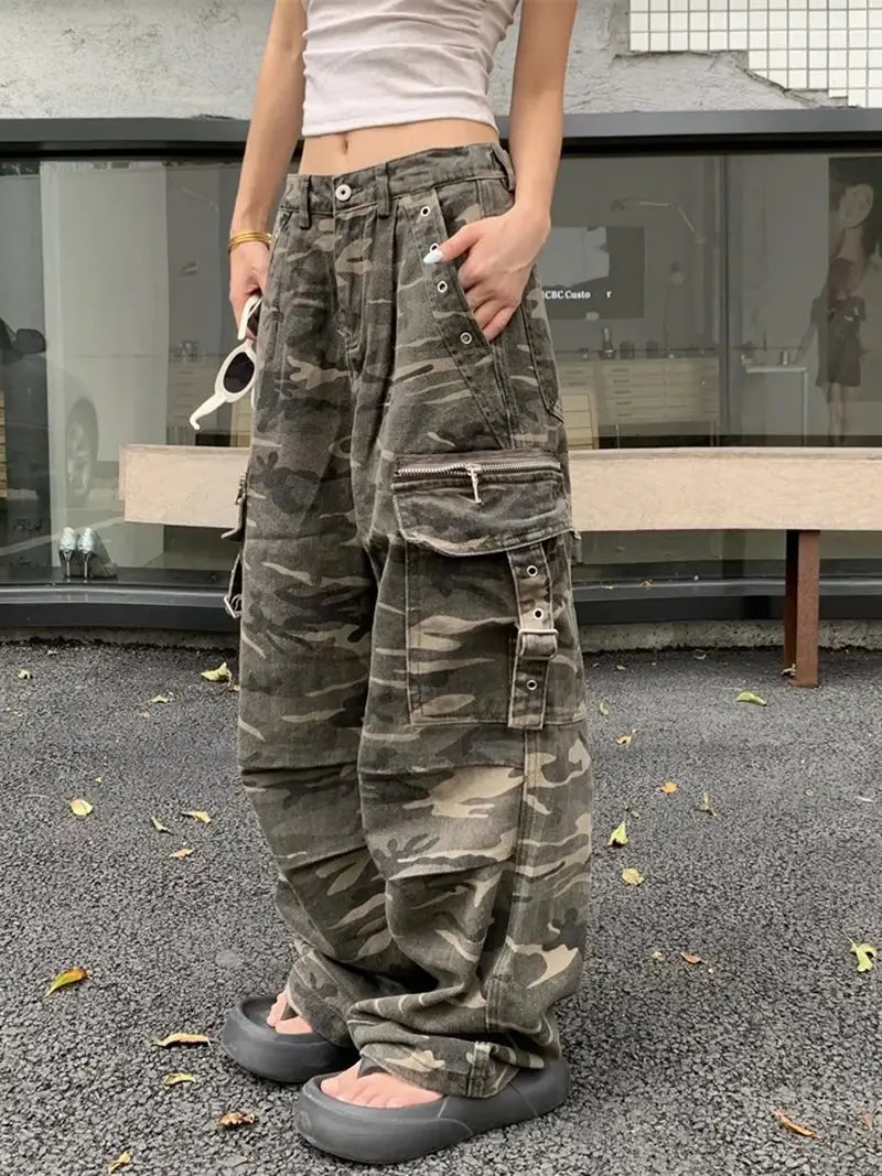 Distressed Camouflage Overalls Straight Jeans Baggy Jeans Harajuku Y2k Hot Girl Trousers