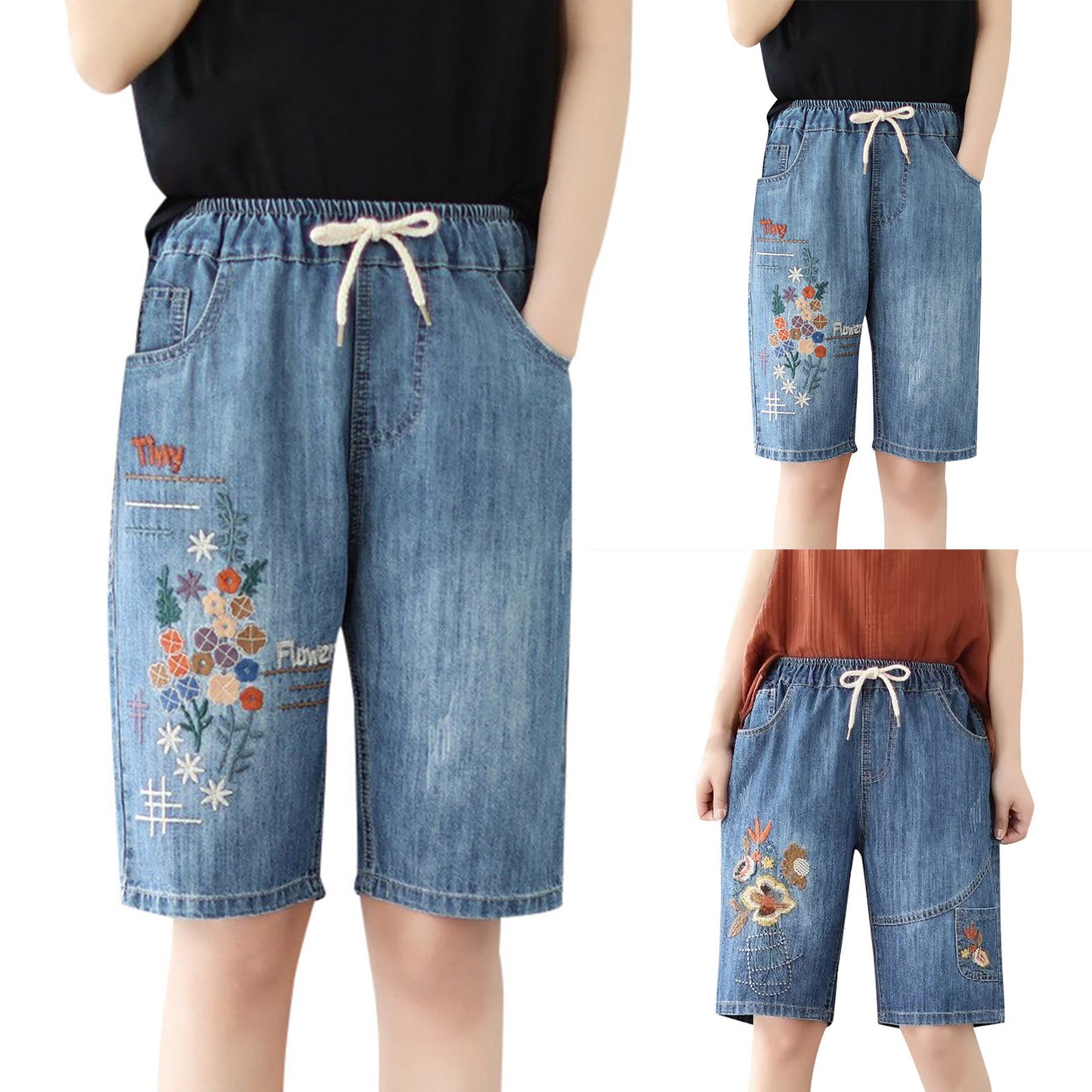 Women Summer Embroidery Self Tie Plus Size Mid Length Pants Artistic Casual Ripped Yellow / M / United States Yellow / XL / United States Red / L / United States Yellow / M / United States-Yellow / XL / United States-Red / L / United States-Red / M / United States-Red / XL / United States-Yellow / L / United States-
