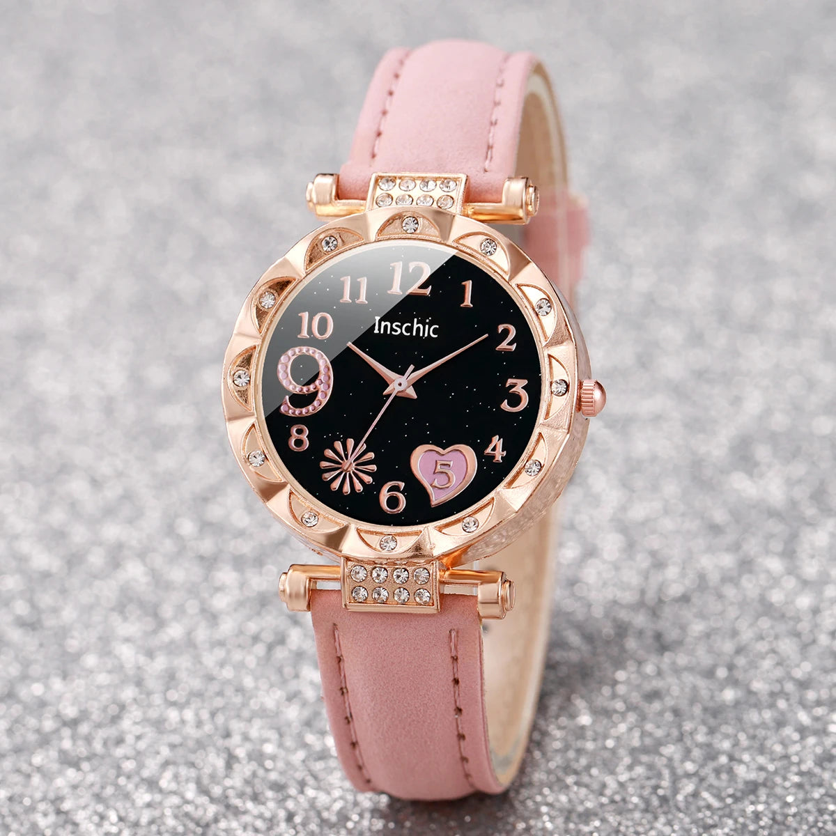 6PCS/Set Fashion Heart Dial Women's Watch Casual Leather Band Analog Quartz Watch Leaf Bracelets Set(Without Box)