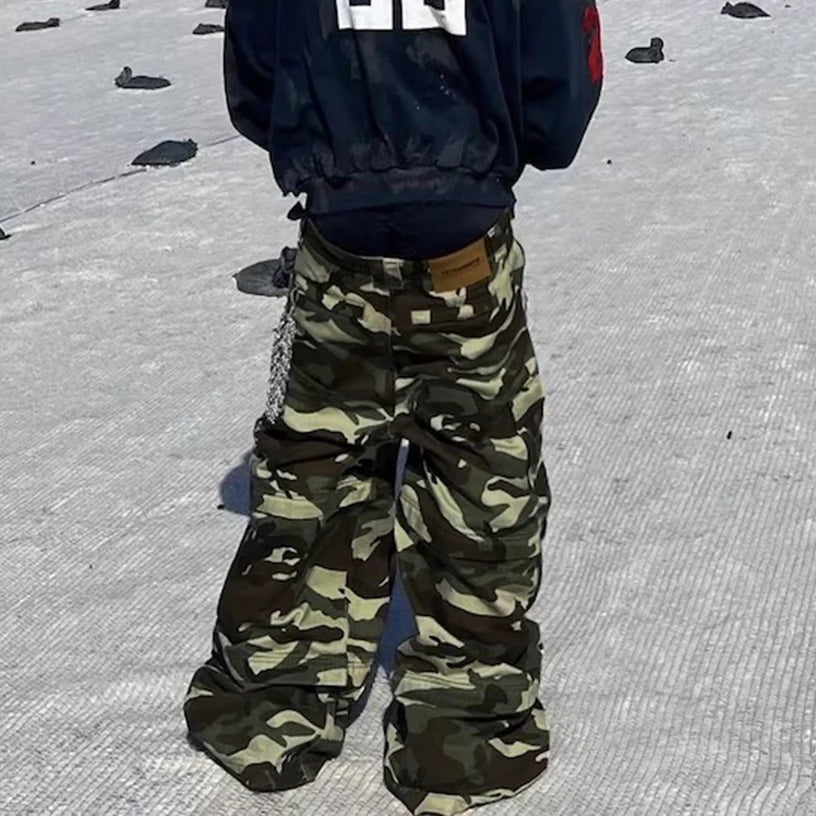 Color Match Multi-pockets Camouflage Cargo Pants for Men and Women Patchwork Baggy Overalls