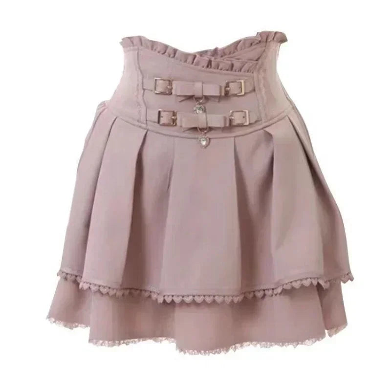 Mini Cake Skirts Womens Jupe Fairy Bandage Lolita High Waist Y2k Aesthetic Sweet Lace Gothic