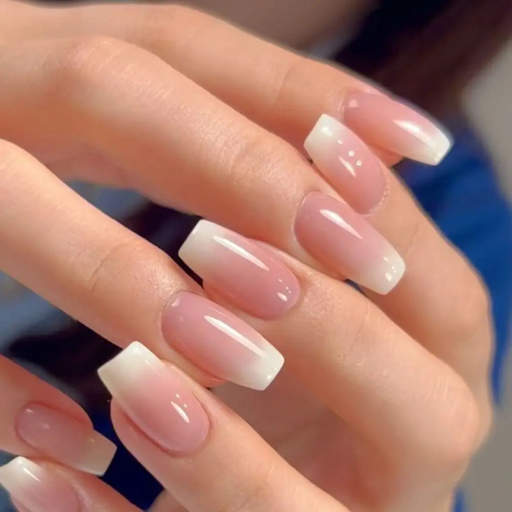 24pcs Gradient Fake Nails French Ballerina Nail Medium Coffin Press on Nails Tips AA6 AA5