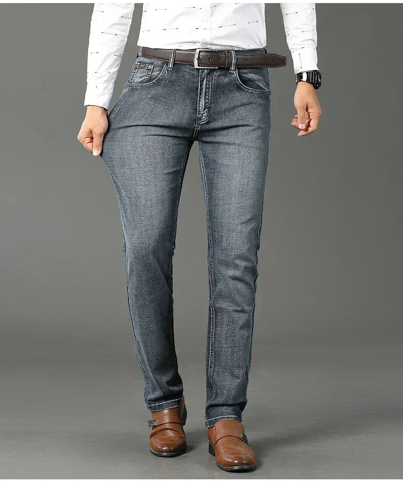 Men Classic Jeans Straight Regular Blue Stretch Denim Trousers Men's