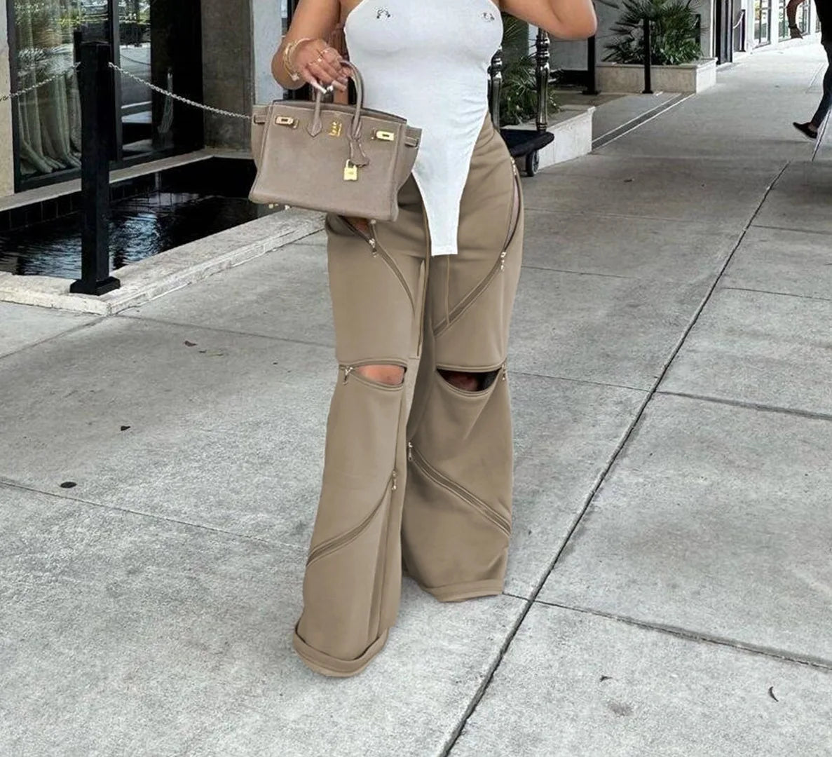 Basic Zipper Adjust Hole Women Wide Leg Loose Joggers Pants Fall Winter Active Loose Sporty Sweatpants
