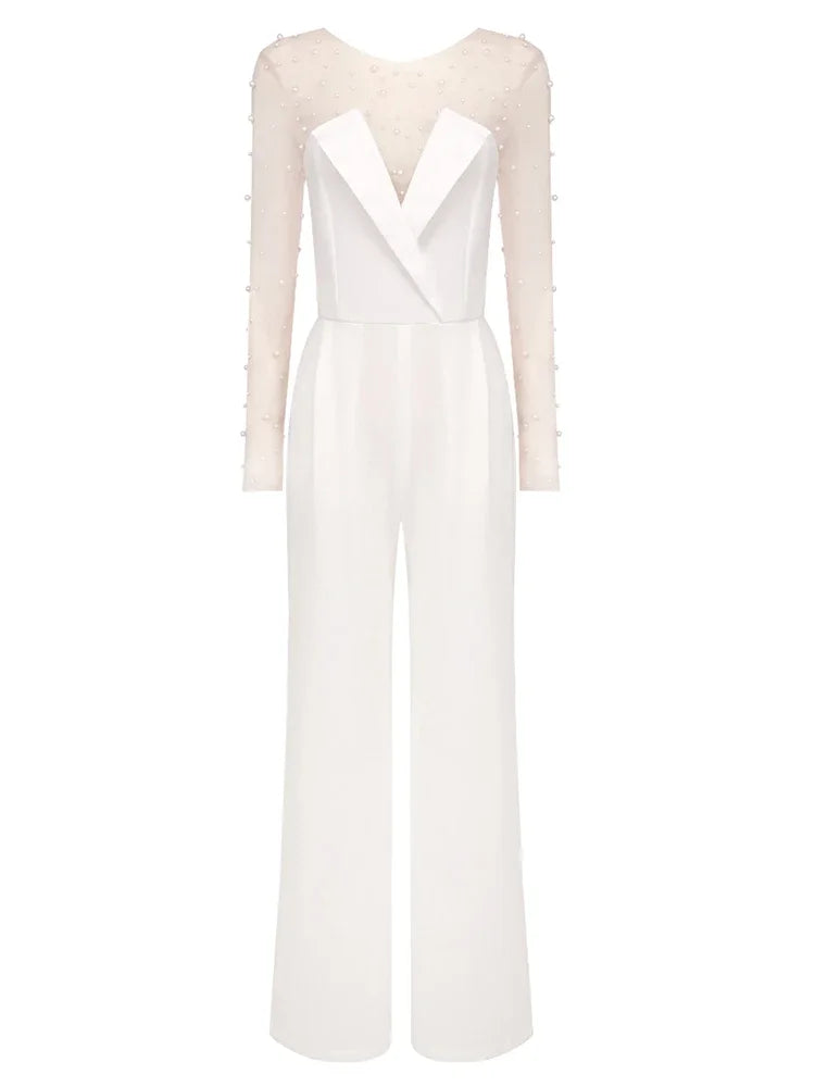 Mesh Pearl Beaded Bodysuits+Strapless Jumpsuit Two piece Sets Women White Jumpsuit Suits Evening