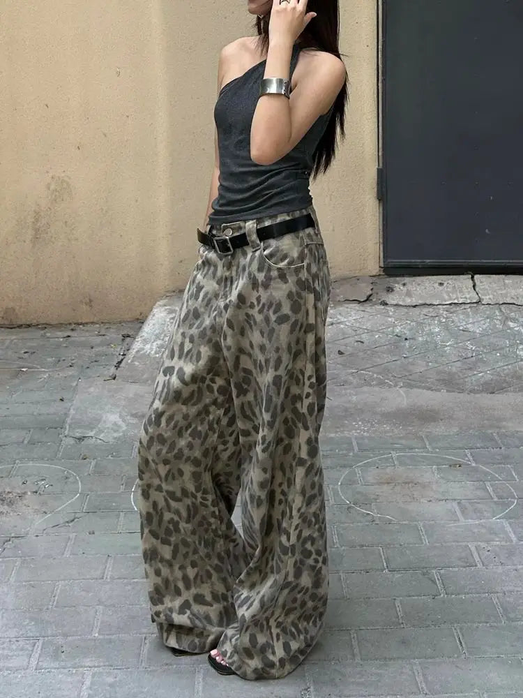 American Vintage Washed Leopard Print Wide Leg Jeans Baggy Jeans Hip Hop Hot Girls Y2k Trousers
