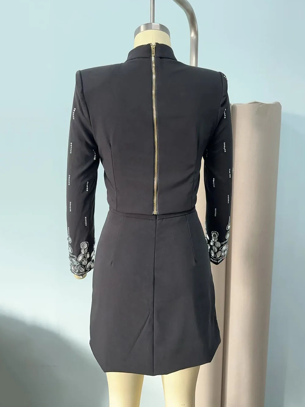 Long Sleeve Short Top and Mini Skirt Suit Outfit, Diamond Beaded Design,High Quality, 2 Pcs Set
