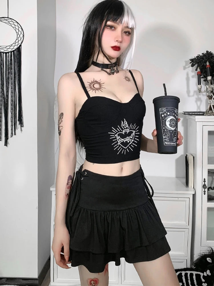 Goth Skirt Women Y2k E-girl High Waist Bandage Mini Skirt Dark Gothic Punk Emo Alt Club Wear