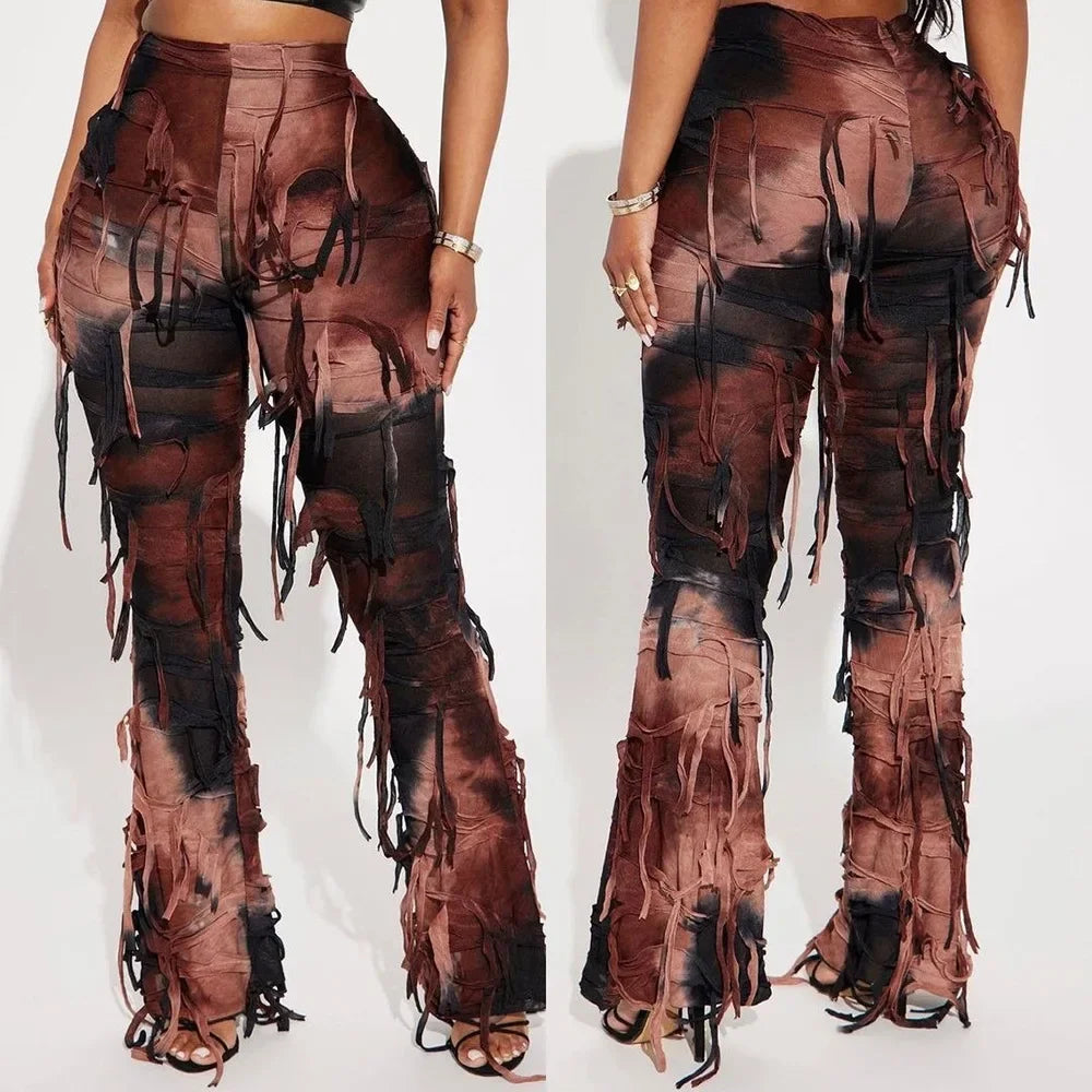 Tie Dye Printed High Waist Drawstring Tassel Flare Pants Stretch Legging Wide Leg
