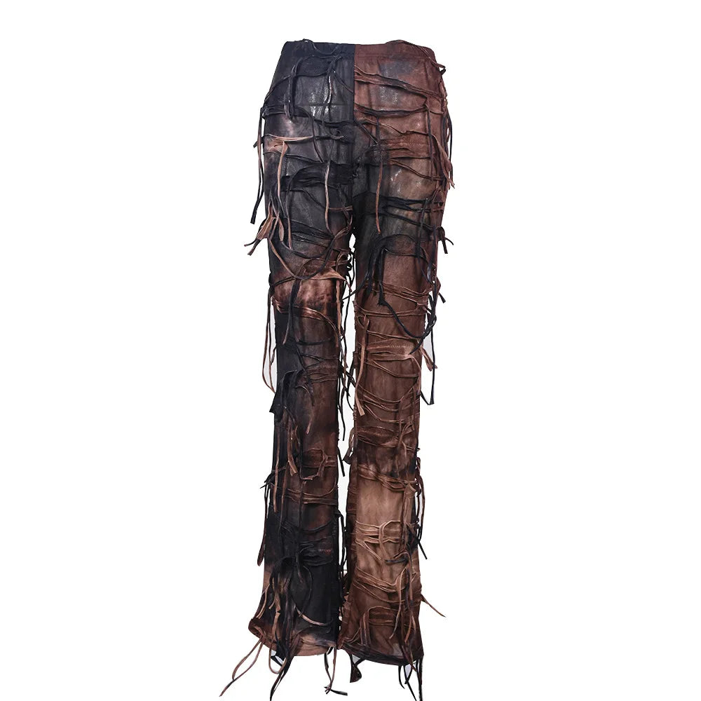 Tie Dye Printed High Waist Drawstring Tassel Flare Pants Stretch Legging Wide Leg