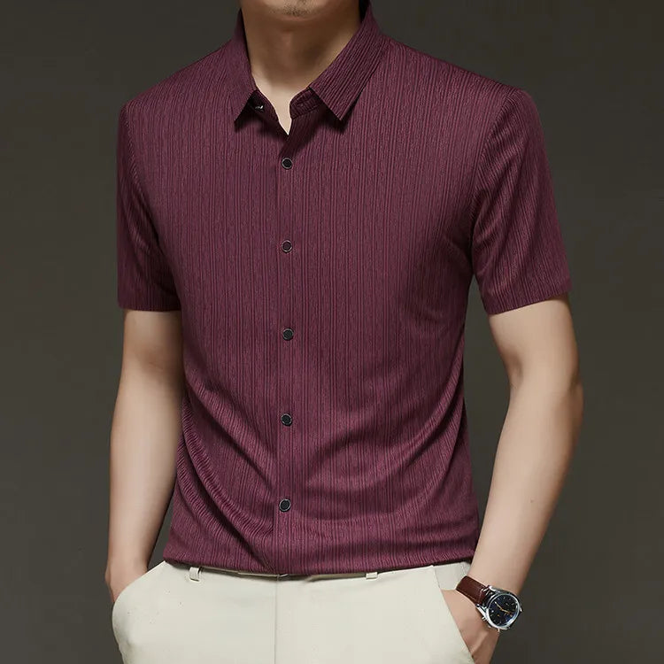 Men's Slim Fit Short Sleeve Dress Shirt Premium Spandex Stretch Fabric Solid Colors Business Casual