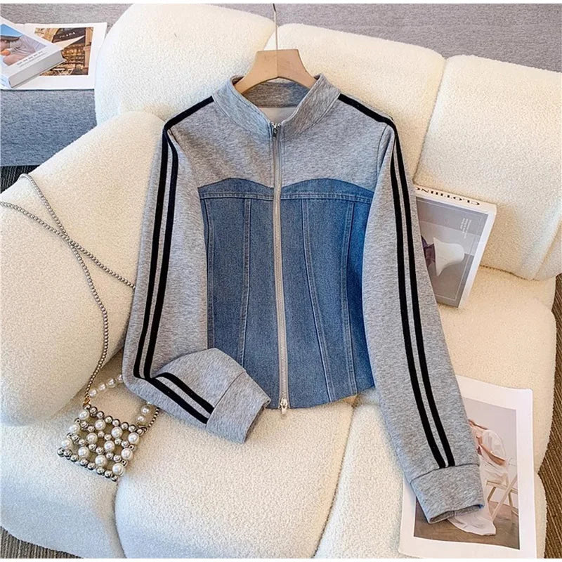 Women Preppy Style Patchwork Contrast Denim Sets Stand Collar Elastic Jeans 2 Piece Suit Streetwear Comfort
