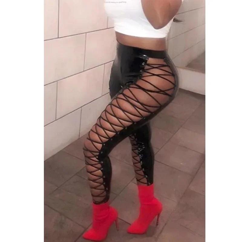 Women's Lace Up PU Leather Pants Chic High Waist Hollow Out Drawstring Bandage Cut Out Faux Leather Trousers