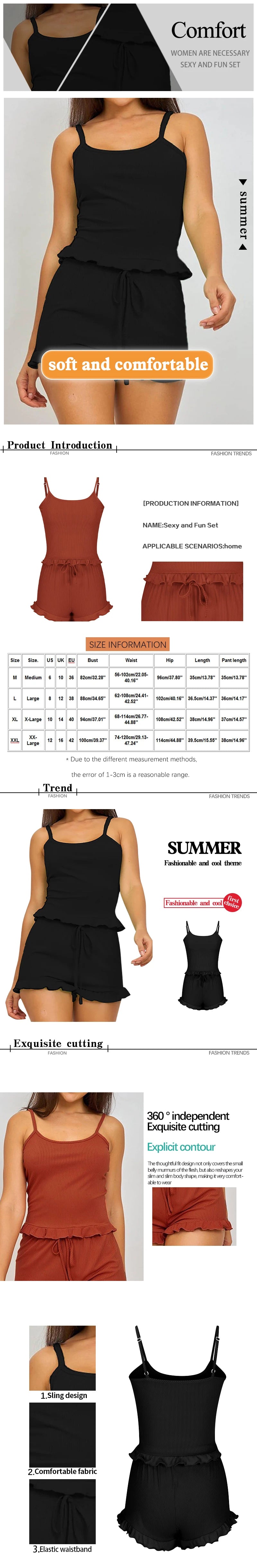 Two-Piece Solid Color Sleepwear Suspender Ribbed Knitted Pleated Vest Shorts Casual Women's Sleepwear Set