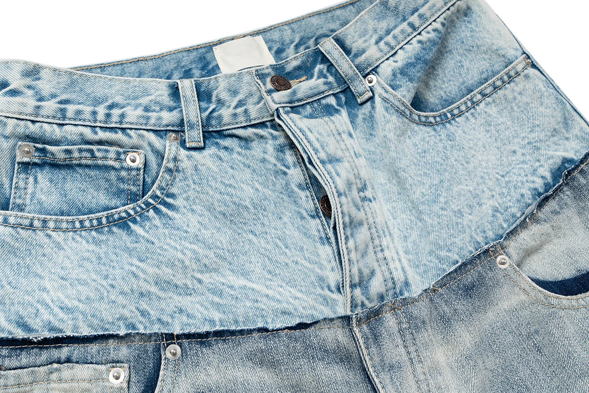 CUT-UP Double-layer Double Waist Patchwork Baggy Jeans for Men and Women Straight Casual Loose