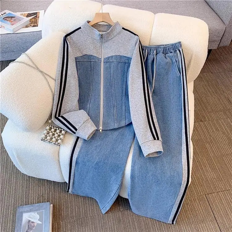 Women Preppy Style Patchwork Contrast Denim Sets Stand Collar Elastic Jeans 2 Piece Suit Streetwear Comfort
