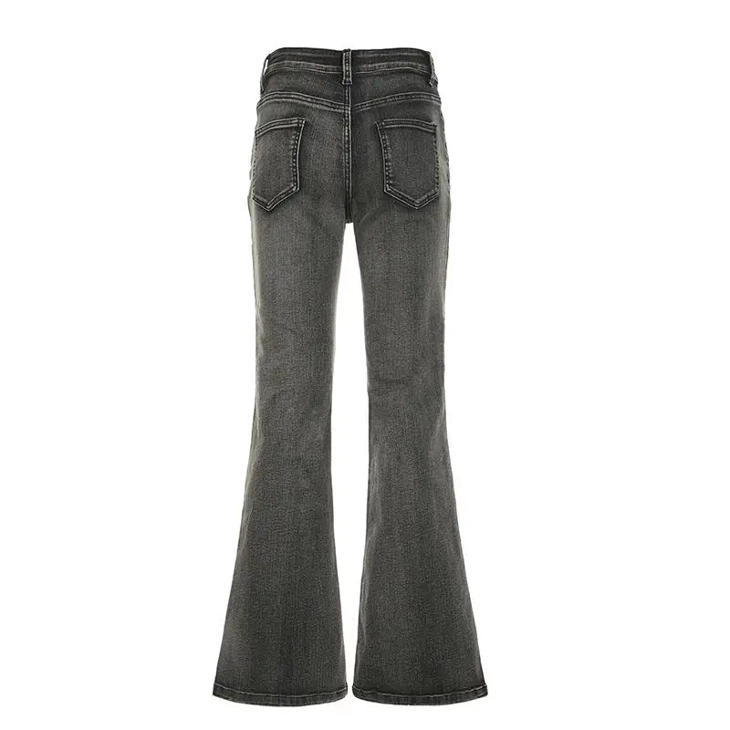 Beaded Embroidered Micro Slim Flare Jeans Street Y2k