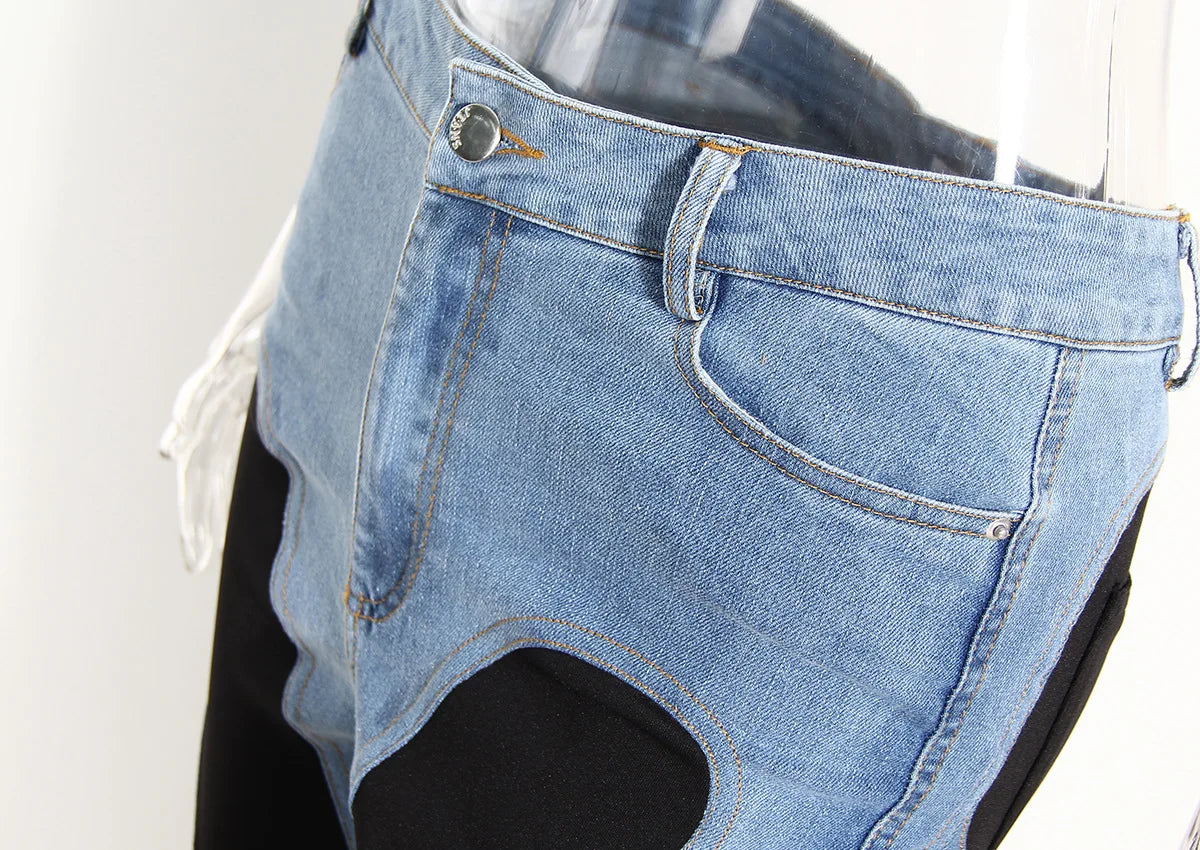 Color Block Women's Jeans Slim Panelled Patchwork High Waist Split Blue Long Denim Pants