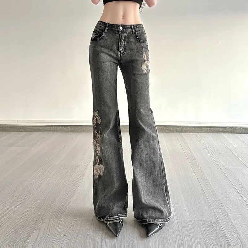 Beaded Embroidered Micro Slim Flare Jeans Street Y2k