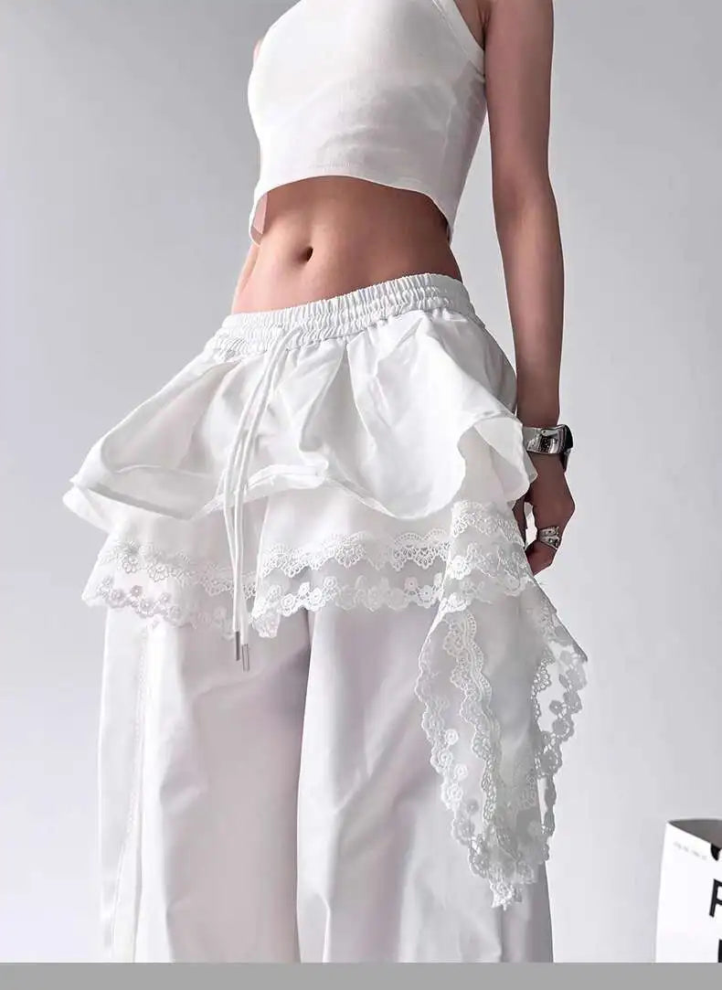 Y2K Black Cargo Pants Women Lace Patchwork White Wide Leg Pants