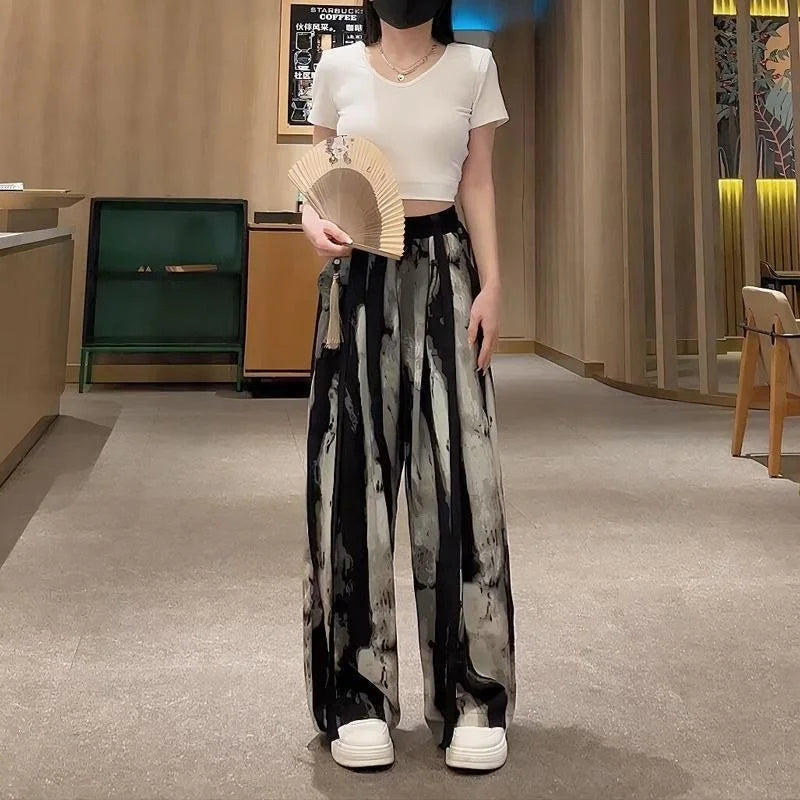 Women's Thin Casual Ice Silk Chiffon Wide Leg Pants Strap Drop Straight Tube Floor Trousers Korean Women