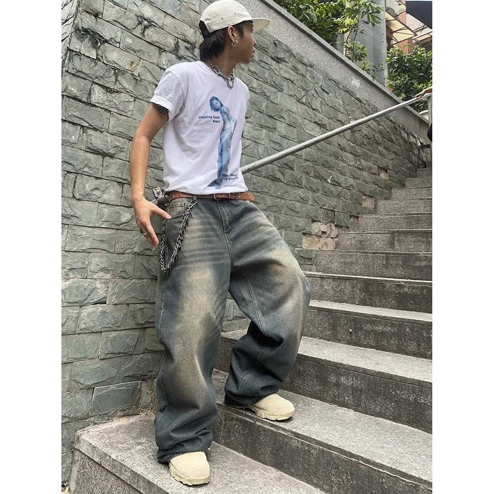Men's Hip Hop Loose Jeans Y2K Retro Casual Wide Leg Jeans Flared Pants