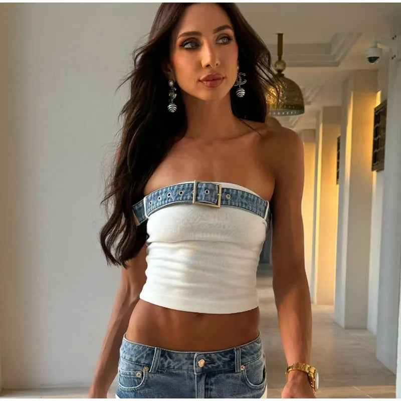 Designer White Knit Denim Suits Set Women's Patchwork Elegant Sleeveless Tops Matching Wide Leg Baggy Pants