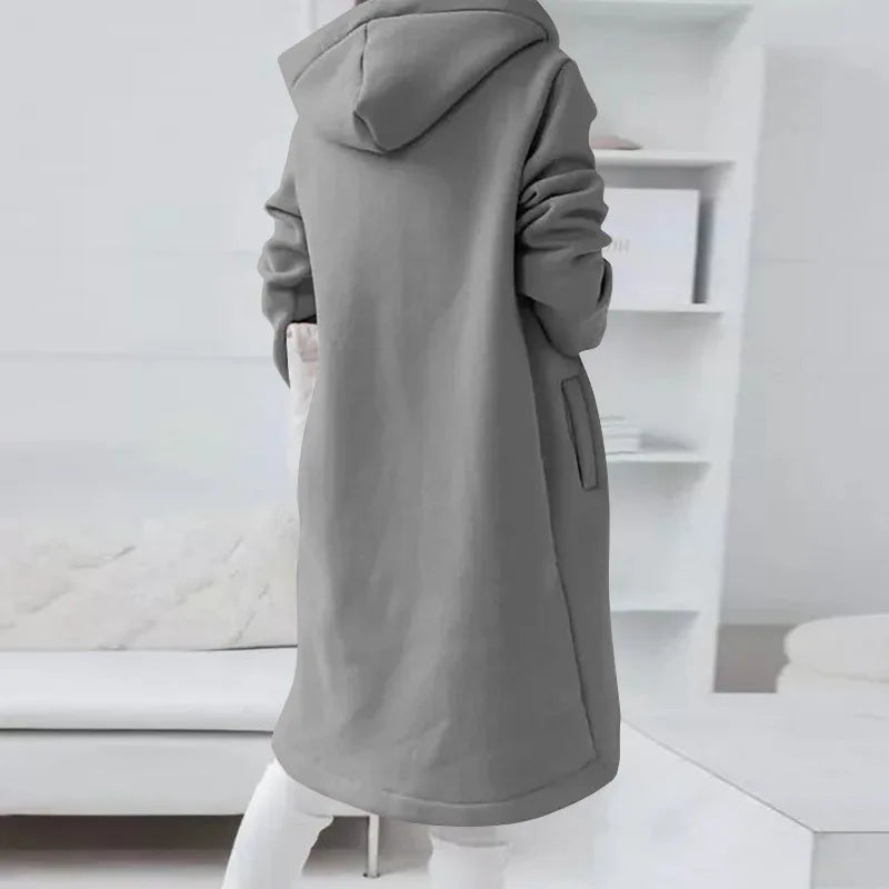 Autumn Women Long Hoodies Coat Zip Up Solid Hooded Casual Pockets Long Jackets