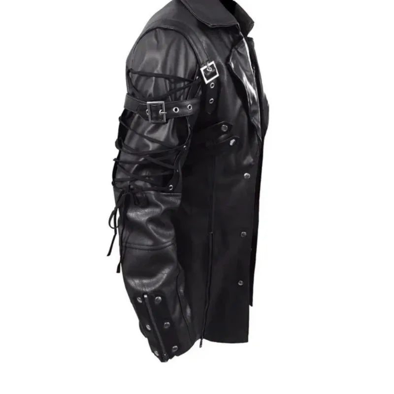 Men's Gothic Trench Coat Leather Punk Style Biker Jacket