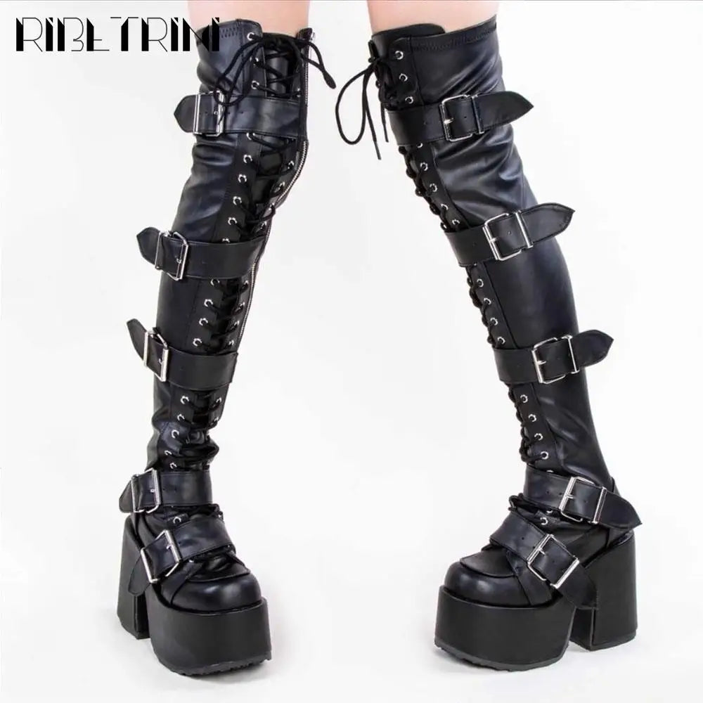 Goth Women Motorcycle Boots Block High Heels Platform Cool Street Boots