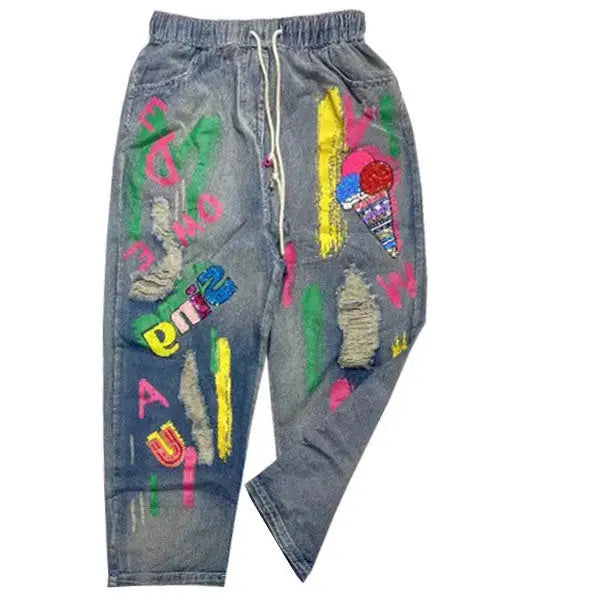 Sequin Letter Elastic Waist Jeans High Waist Denim Graffiti Print Harem Pants as photo / M as photo / L as photo / XL as photo / M-as photo / L-as photo / XL-