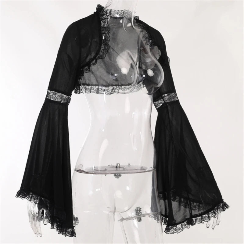 Gothic Lace Long Sleeve Victorian Half Shirt Crop Top Vintage T Shirt for Women M S L M-S-L-