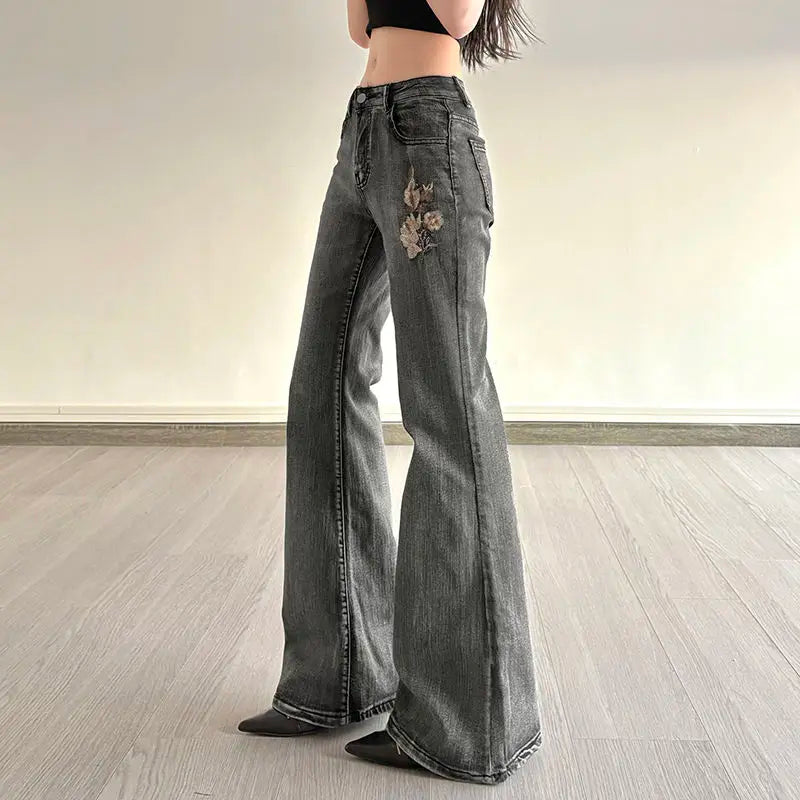 Beaded Embroidered Micro Slim Flare Jeans Street Y2k