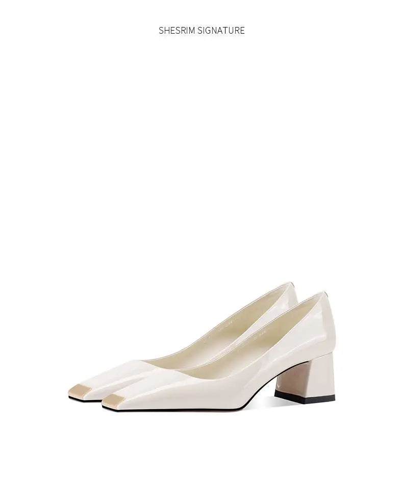 Ladies pumps chunky heels leather square head shallow mouth comfortable