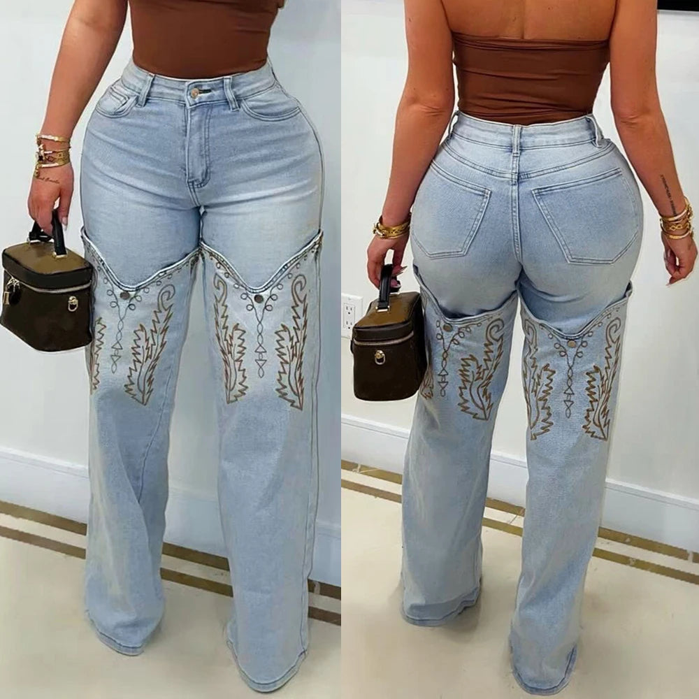 Embroidery Denim Trousers Casual High Waist Straight Leg Jeans Women