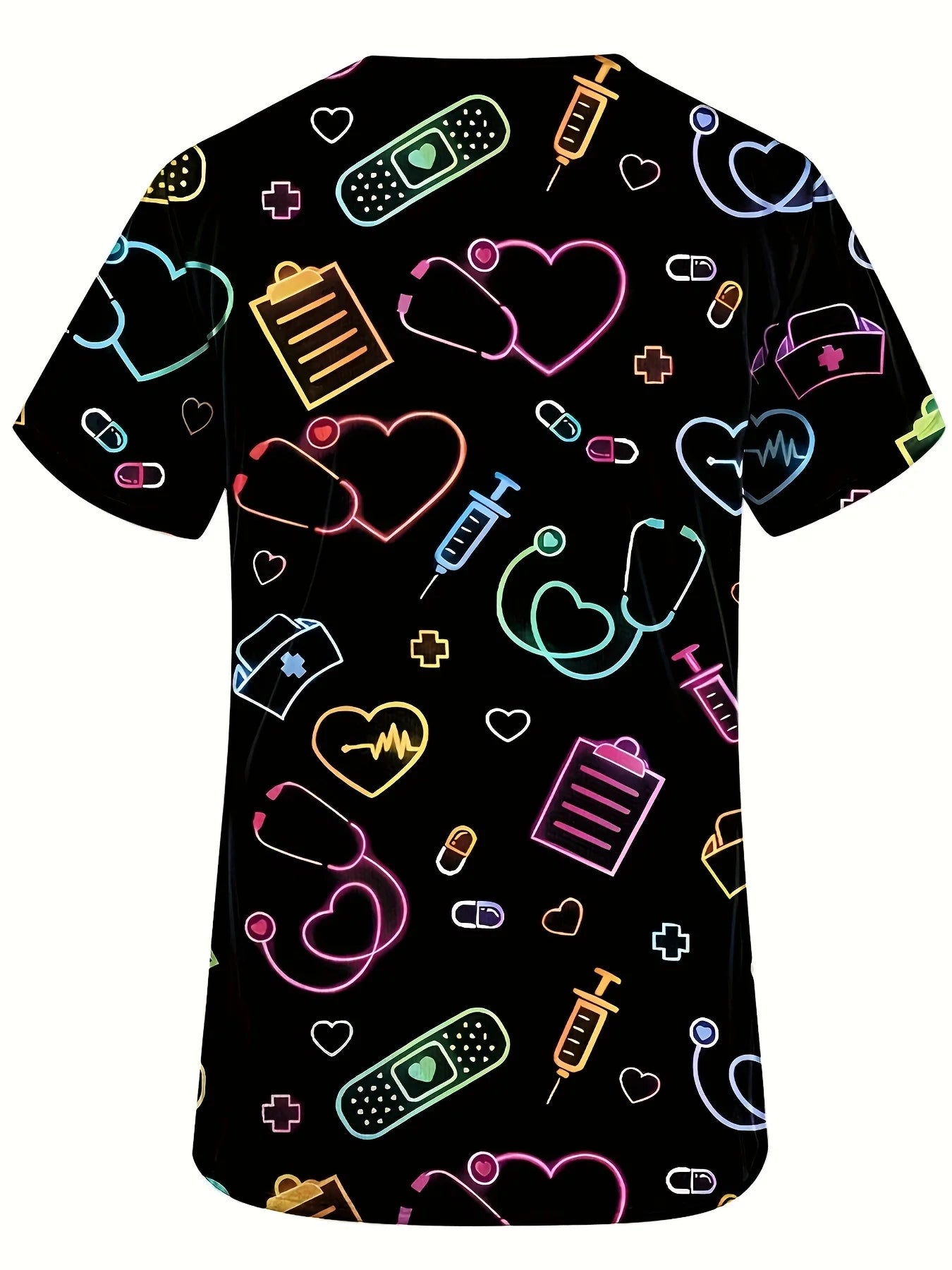 Surgical Uniforms Heart Printed V-Neck Nurses Tops Short Sleeve Patch Pocket Medical Surgical Uniforms Nursing