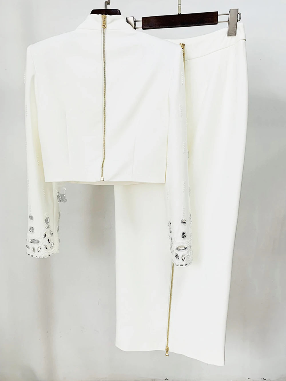 Long Sleeve Short Top and Mini Skirt Suit Outfit, Diamond Beaded Design,High Quality, 2 Pcs Set
