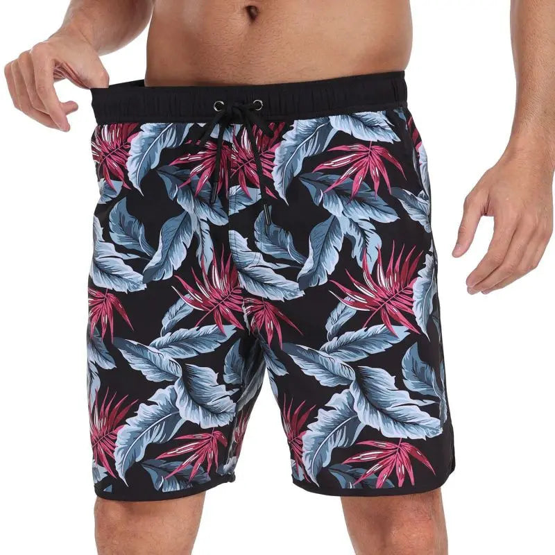 Men's Drawstring Printed Swimsuit Men Quick Dry Beach Trunks with Pockets and Lining