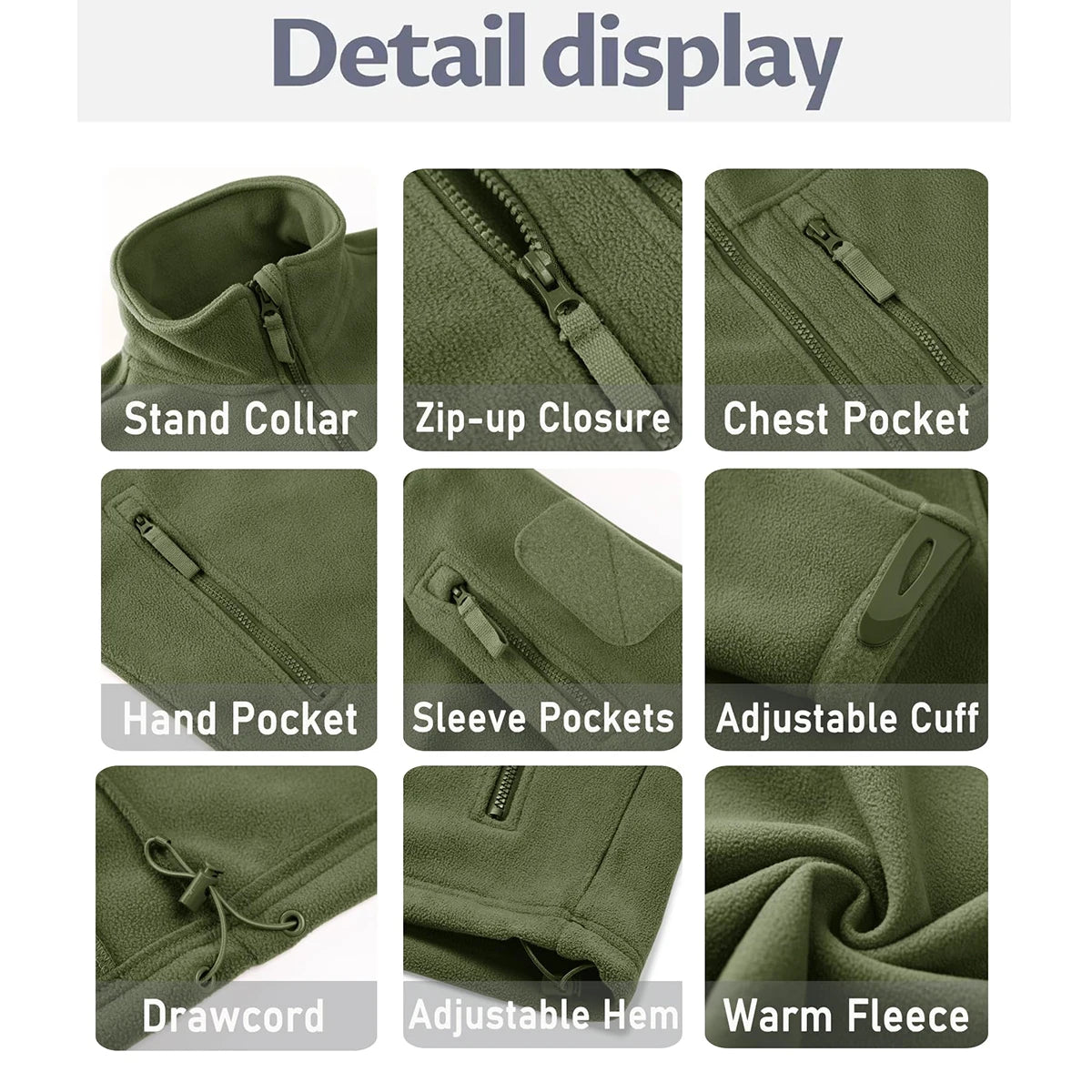 Men's Fleece Jacket Soft Warmth Windproof Full Zip Up Coat Multiple Zipper Pockets Hiking Working Outdoors Windbreaker