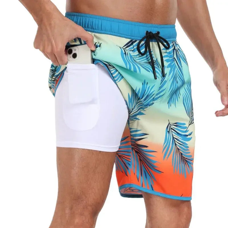 Men's Drawstring Printed Swimsuit Men Quick Dry Beach Trunks with Pockets and Lining